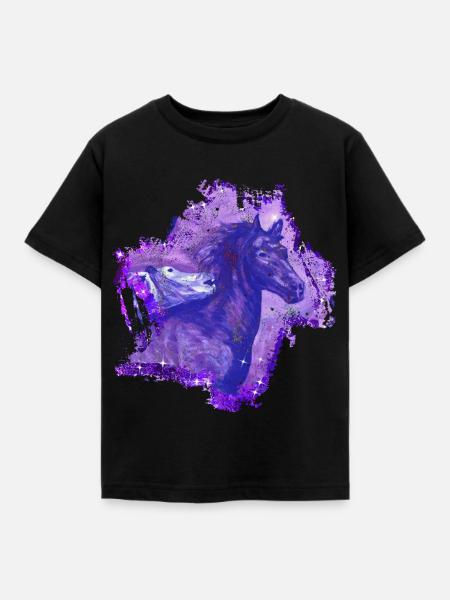 Pferde Galaxy Glitzer Lila - Kinder T-Shirt - Schwarz