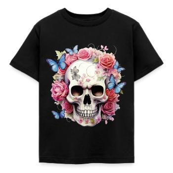 Totenkopf Totenschädel Rosen Blumen Schmetterlinge - Kinder T-Shirt - Schwarz - Vorne - AI Model Kid Female (0cm)