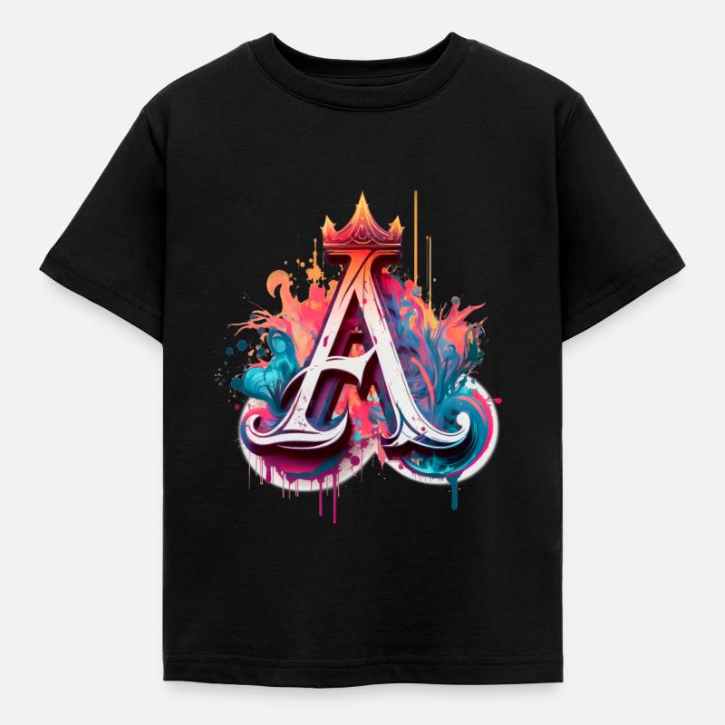 Graffiti Buchstabe A bunt mit Krone - Kinder T-Shirt - Schwarz
