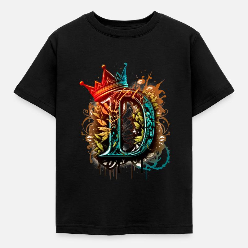 Buchstabe D als cooles Graffiti mit Krone 👑 - Kinder T-Shirt - Schwarz
