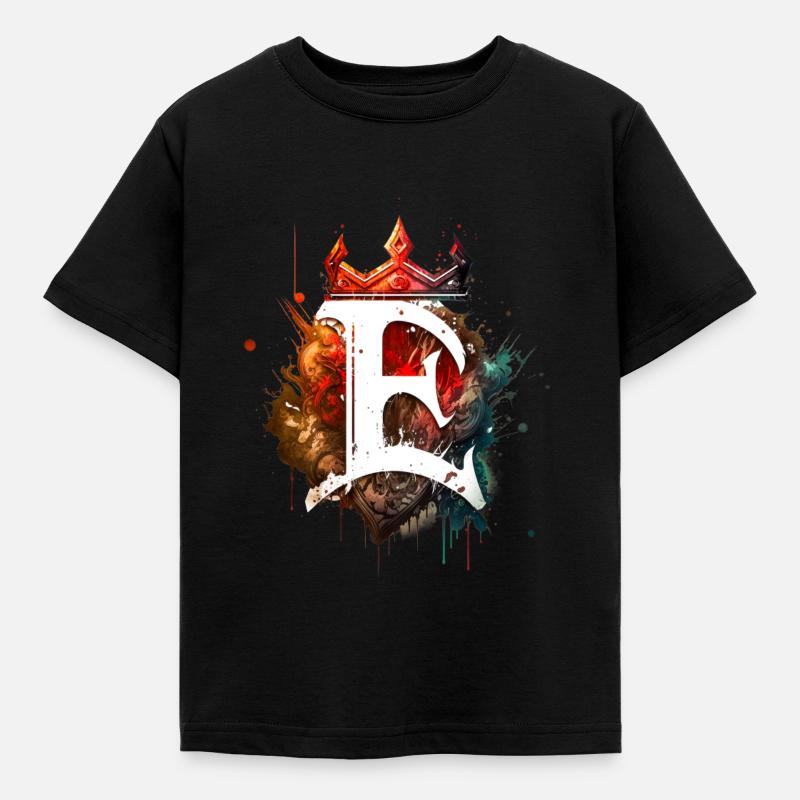 Cooler Graffiti Buchstabe E bunt mit Krone 👑 - Kinder T-Shirt - Schwarz