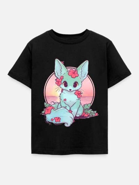 Kawaii Fox Cat am Strand - Kinder T-Shirt - Schwarz