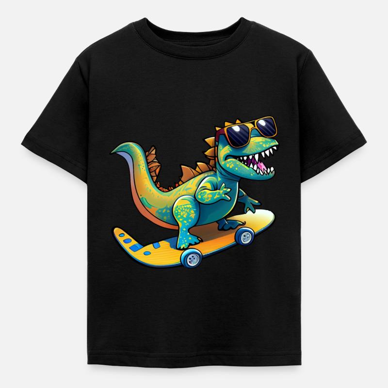 Dino Dinosaurier auf Skateboard mit Sonnenbrille - Kinder T-Shirt - Schwarz