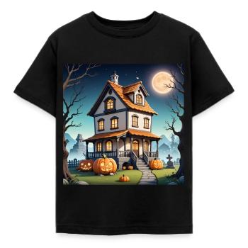 Maison hantée d’Halloween à la pleine lune pierres tombales citrouille - T-shirt Enfant - noir - Devant - AI Model Kid Female (0cm)