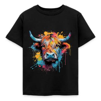 Highland Cow, Aquarell - Kinder T-Shirt - Schwarz - Vorne - AI Model Kid Female (0cm)