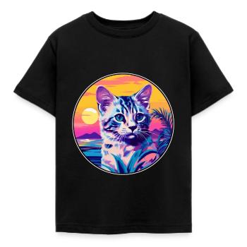 Australian Spotted Mist Cat Watercolor Cartoon Pet - Kids' T-Shirt - black - Front - AI Model Kid Female (0cm)