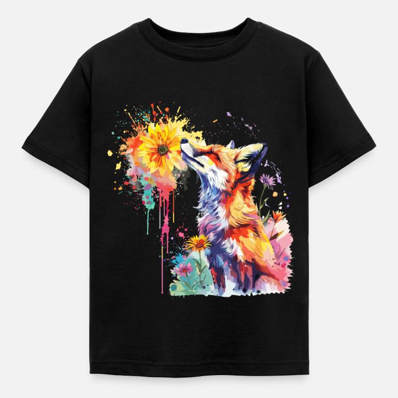 Fuchs mit Aquarellblume, Fuchs - Kinder T-Shirt - Schwarz