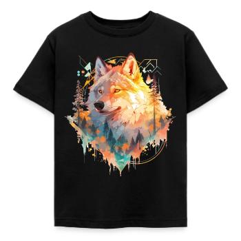 Ulv Ulvehoved Natur Vildmark Skov Træer Kunst - Børne-T-shirt - sort - Foran - AI Model Kid Female (0cm)