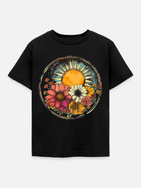 Sonne mit Blüten - Kinder T-Shirt - Schwarz