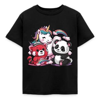Kawaii Einhorn mit roten Panda und großem Panda - Kinder T-Shirt - Schwarz - Vorne - AI Model Kid Female (0cm)