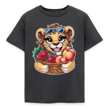 Kawaii Löwe mit Erdbeeren und Pfirsichen - Kinder T-Shirt - Dunkelgrau - Vorne - AI Model Kid Female (0cm)