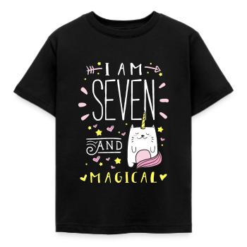 Cute 7 Year Old Girl Caticorn Birthday - Kids' T-Shirt - black - Front - AI Model Kid Female (0cm)