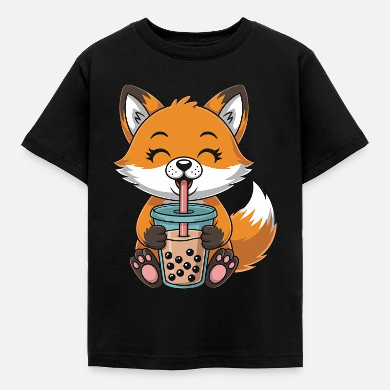 Kawaii Bubble Tee Fuchs Boba Tee - Kinder T-Shirt - Schwarz