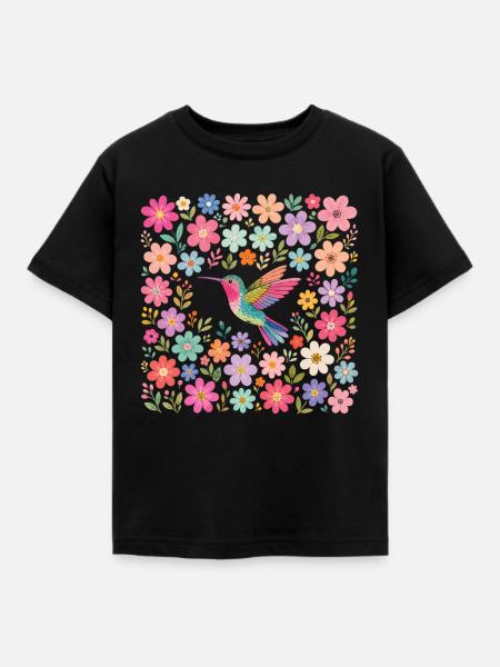 Kolibri-Blumen Vogelbeobachter - Kinder T-Shirt - Schwarz