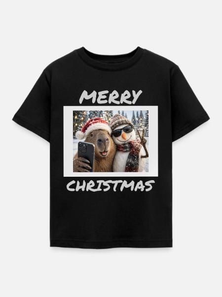 Capybara Weihnachten Schneemann Winterfreunde - Kinder T-Shirt - Schwarz