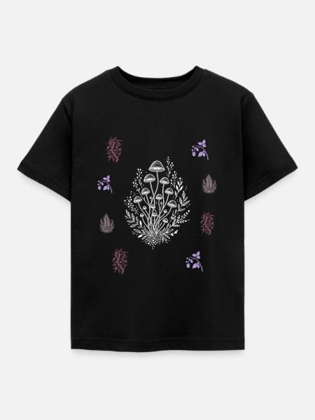 Pilze & Blütenzweig - Botanische Kunst - Kinder T-Shirt - Schwarz