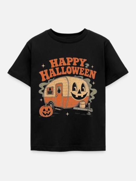 Halloween Wohnwagen Camping Kürbis - Kinder T-Shirt - Schwarz