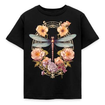 Jugendstil - Libelle und Blumen - Kinder T-Shirt - Schwarz - Vorne - AI Model Kid Female (0cm)