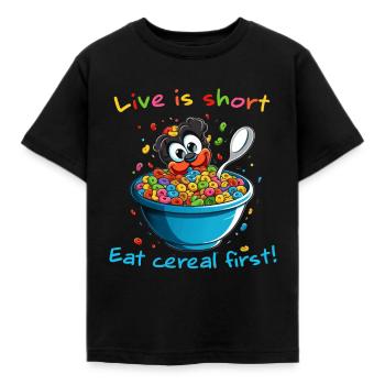 Live is short eat cereal first - Müsli Kornflakes - Kids' T-Shirt - black - Front - AI Model Kid Female (0cm)