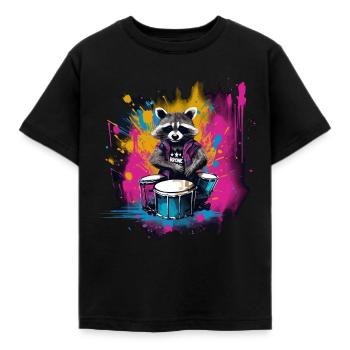 Waschbär Schlagzeuger Musik Tier Schlagzeug - Kinder T-Shirt - Schwarz - Vorne - AI Model Kid Female (0cm)