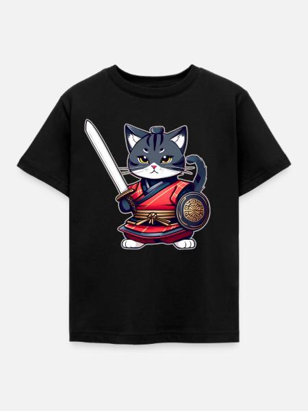 Niedliche Samurai Katze - Kinder T-Shirt - Schwarz