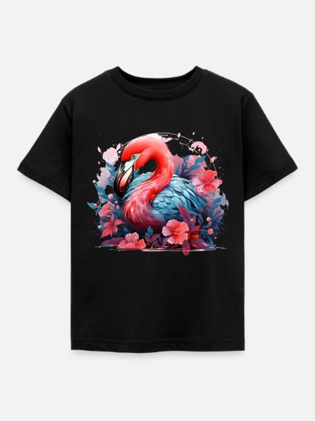 Flamingo tropische Blumen Vogel - Kinder T-Shirt - Schwarz