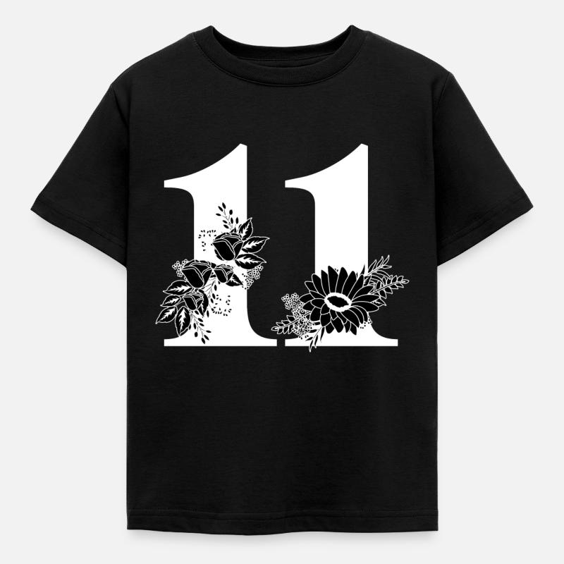 Nummer 11 Schwarze Blumen -11. Geburtstag Blumen - Kinder T-Shirt - Schwarz
