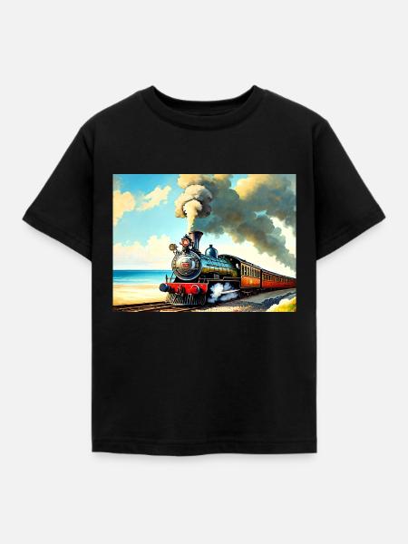 Dampflok am Strand - Kinder T-Shirt - Schwarz