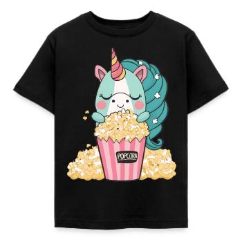Une licorne colorée et mignonne mange un délicieux maïs soufflé au beurre - T-shirt Enfant - noir - Devant - AI Model Kid Female (0cm)