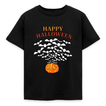 Happy Halloween/ Pumkin blows out bats - Kinder T-Shirt - Schwarz - Vorne - AI Model Kid Female (0cm)