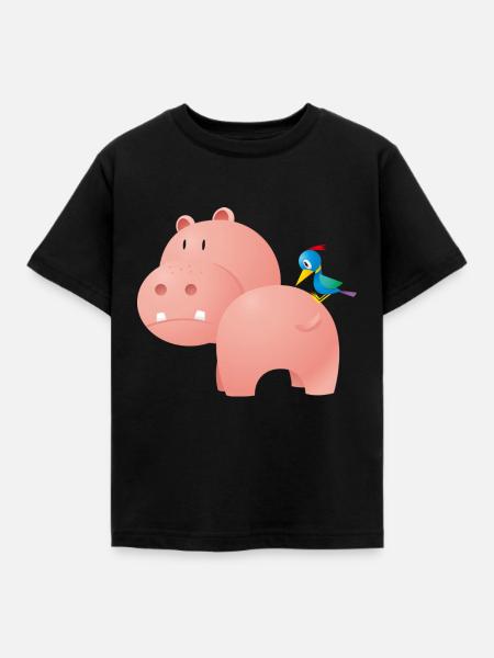 Nilpferd mit Vogel - Kinder T-Shirt - Schwarz