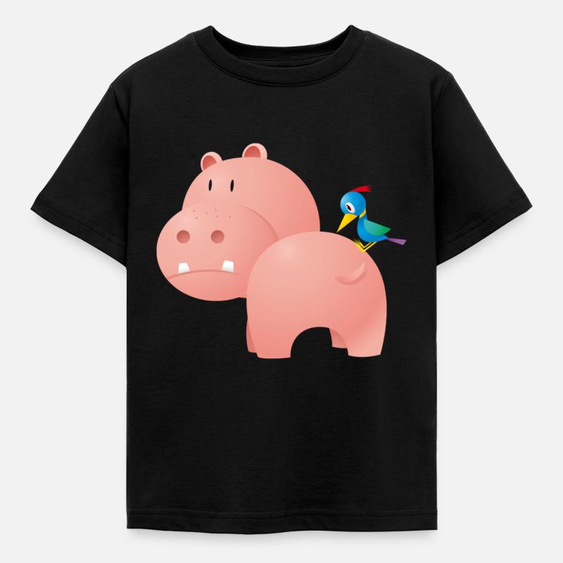 Nilpferd mit Vogel - Kinder T-Shirt - Schwarz