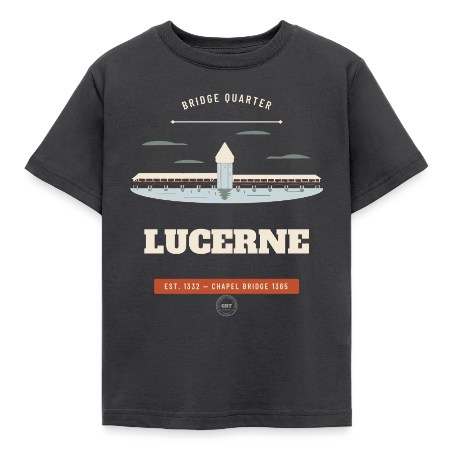 Lucerne badge on a kids' t-shirt, dark grey