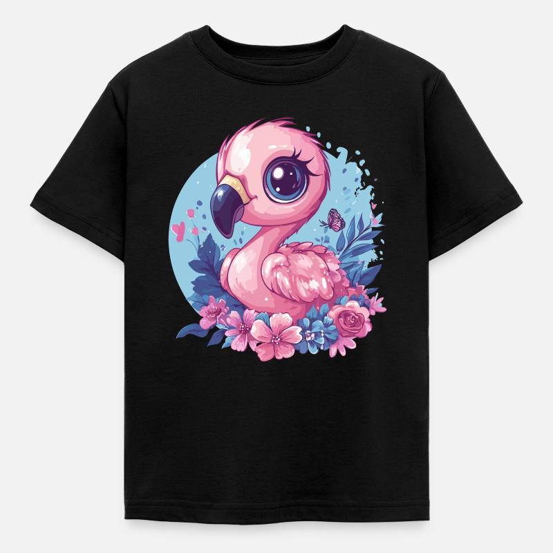 Flamingo mit Blumendeko - Kinder T-Shirt - Schwarz