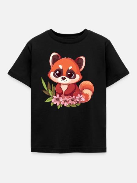 Roter Panda mit Blüten - Kinder T-Shirt - Schwarz