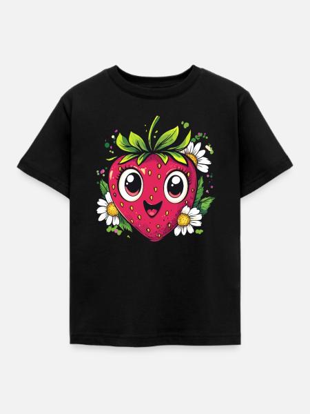 Erdbeere mit Gänseblümchen - Kinder T-Shirt - Schwarz