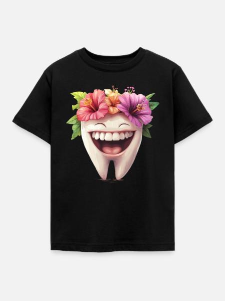 Lachender Zahn mit Blüten - Kinder T-Shirt - Schwarz