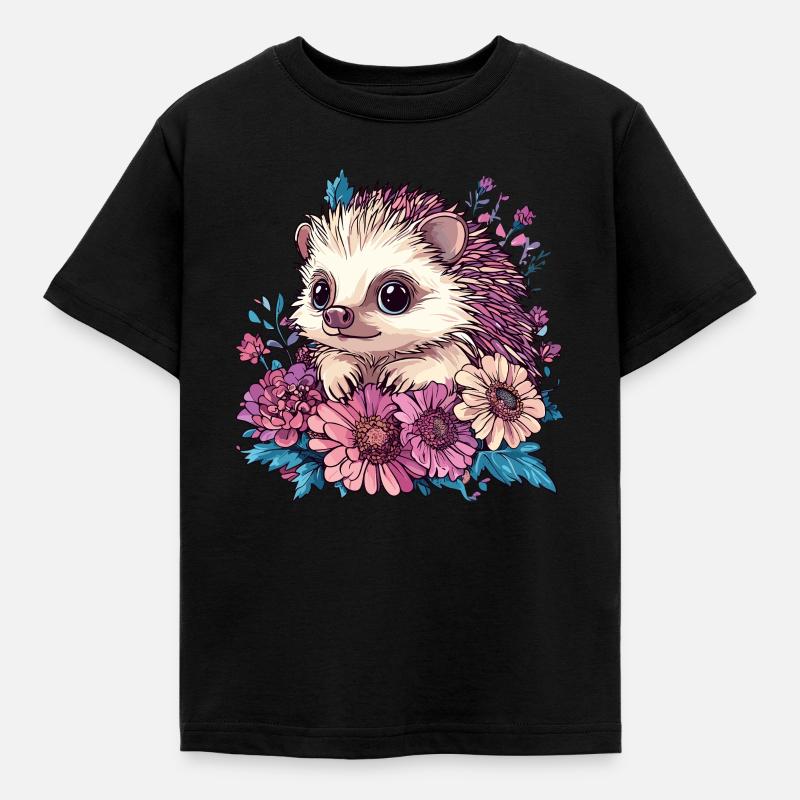 Hérisson mignon en fleurs - T-shirt Enfant - noir