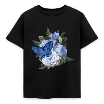 Blauer Schmetterling auf herrlichem blauen Blumenstrauß - Kinder T-Shirt - Schwarz - Vorne - AI Model Kid Female (0cm)