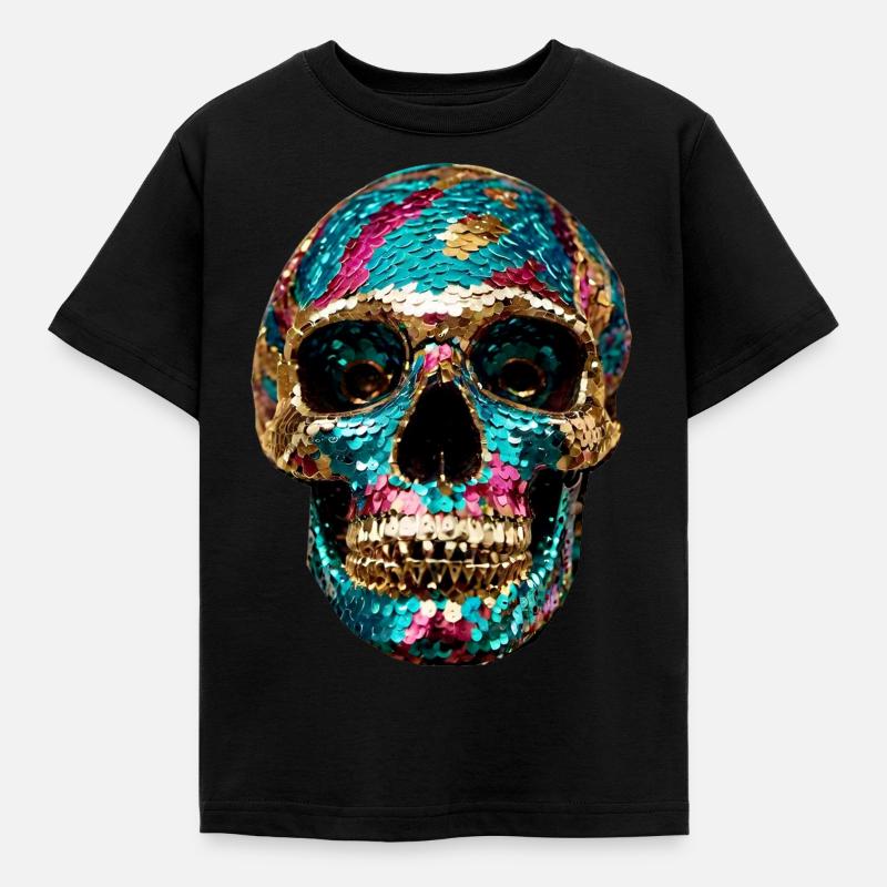Skull, metallic, sequins, rivets, gold, silver - Kids' T-Shirt - black