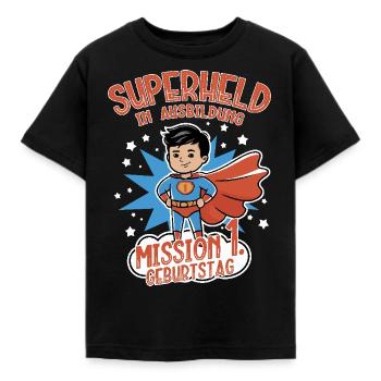 Superheld 1. Geburtstag Junge schwarze Haare - Kinder T-Shirt - Schwarz - Vorne - AI Model Kid Female (0cm)