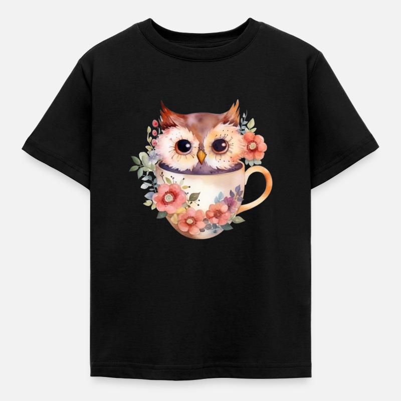 Niedliche Eule sitzt in einer Tasse mit Blumen - Kinder T-Shirt - Schwarz