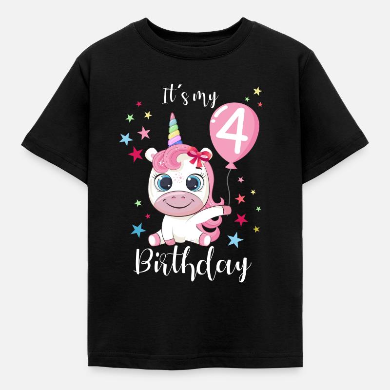Ich bin schon 4 Einhorn Geburtstag Luftballon Süß - Kinder T-Shirt - Schwarz