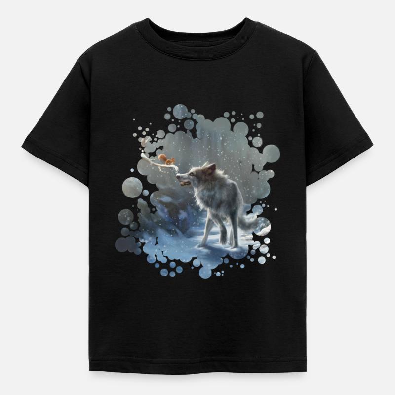 Wolf Eichhörnchen Winter - Kinder T-Shirt - Schwarz