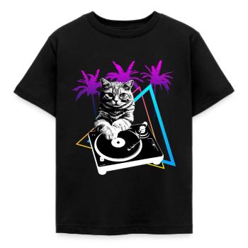 Katze Vinyl Schallplatte Turntable 80er - Kinder T-Shirt - Schwarz - Vorne - AI Model Kid Female (0cm)