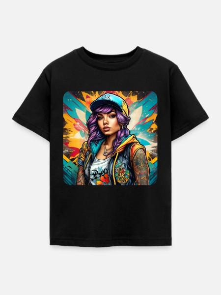 Cooles Girl mit lila HaarTattoos Hip Hop Graffiti - Kinder T-Shirt - Schwarz