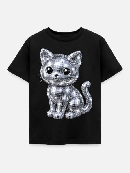 Katze Disco Glitzer - Kinder T-Shirt - Schwarz