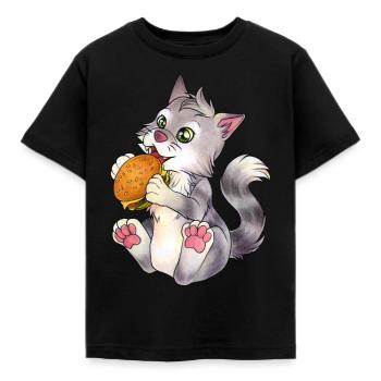 Niedliche essende Katze mit Burger Geschenkidee - Kinder T-Shirt - Schwarz - Vorne - AI Model Kid Female (0cm)