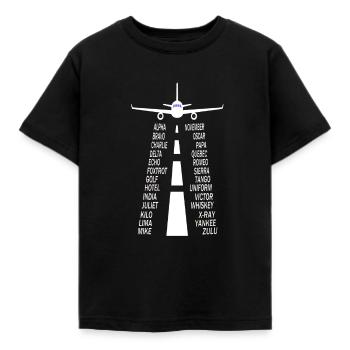 Pilotenalphabet Flugzeug - Kinder T-Shirt - Schwarz - Vorne - AI Model Kid Female (0cm)
