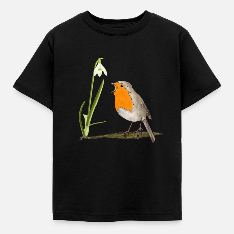 Frühling, Rotkehlchen, Schneeglöckchen - Kinder T-Shirt - Schwarz